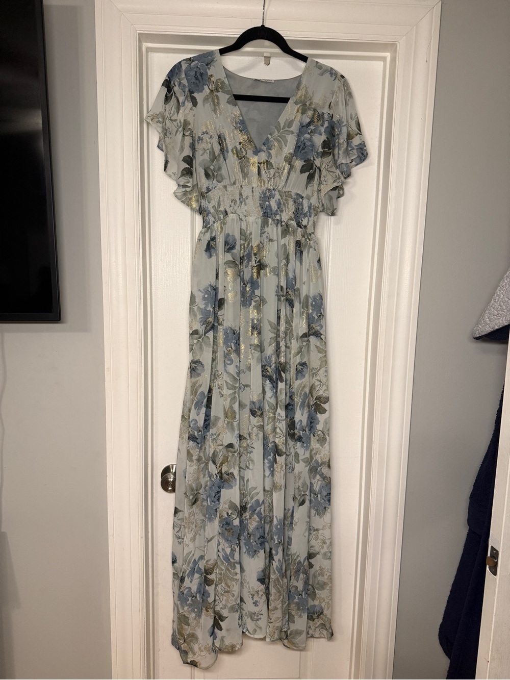Baltic Born Lynlee Dress- Dusty Blue Floral Maxi Dress with Gold Accents - Picture 2 of 5